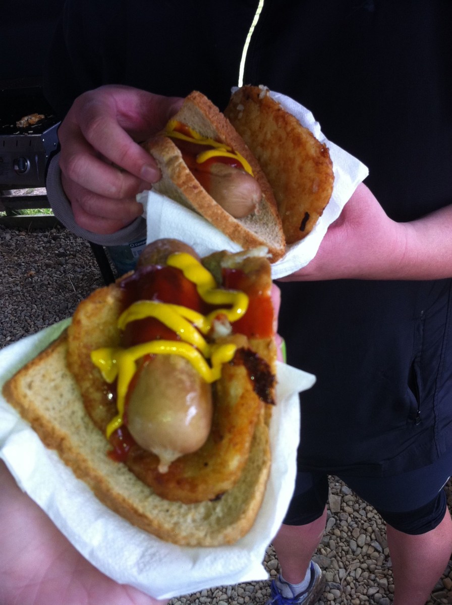 post-run sausage on bread and hash brown